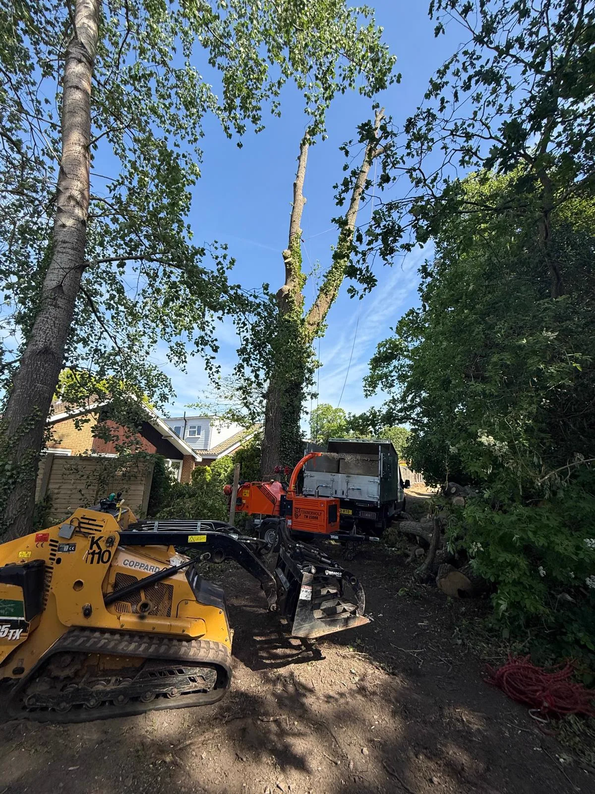 Chipper, tipper truck and tracked loader set up for a large garden tree removal